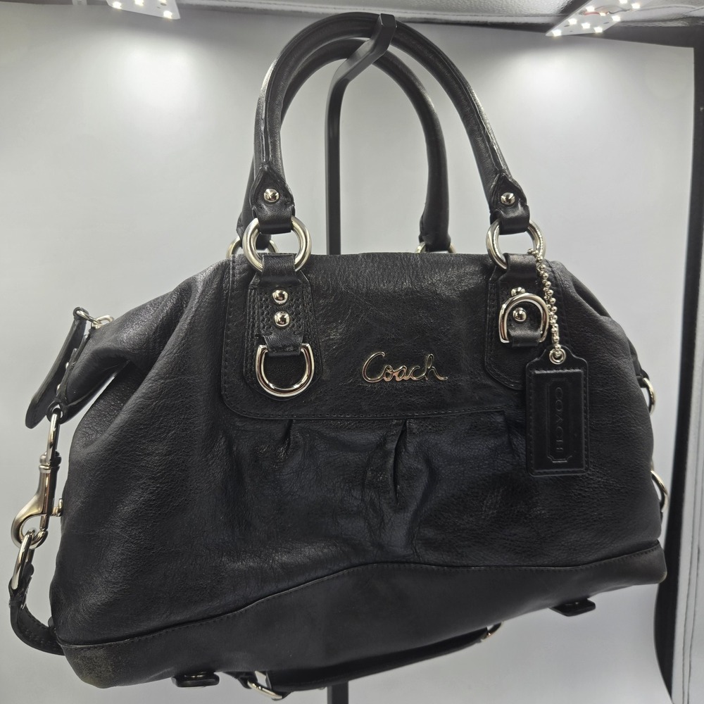 Coach Ashley Purse F15445 Black Leather Double Handle Convert. Satchel Bag Satin